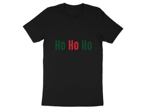 Black t-shirt with "Ho Ho Ho" text in red and green lettering.