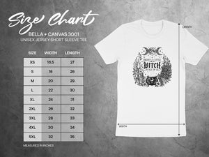 BELLA + CANVAS 3001 Unisex Jersey T-Shirt size chart with width and length measurements in inches.