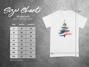 Gildan 5000 Heavy Cotton T-Shirt size chart with width and length measurements in inches.