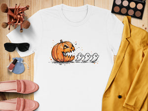 White t-shirt with jack-o'-lantern and three ghosts graphic print.