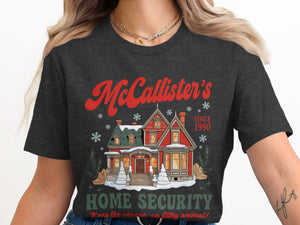 McCallister's Home Security since 1990 with a snow-covered house and holiday details.