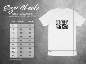 Size chart for Bella + Canvas 3001 unisex short sleeve tee, measured in inches.
