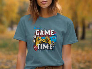 T-shirt with "Cool Game Time" text, yellow controller, and cartoon characters.