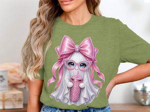 Ghost wearing pink bow and glasses holding a pink glitter cup.
