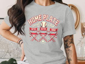 Grey t-shirt with "Home Plate Social Club" and baseball graphic with directors chairs.