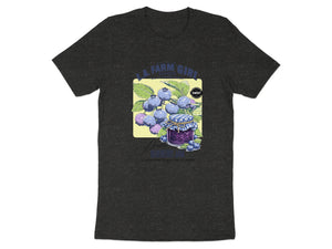 Dark t-shirt with graphic of blueberries, blueberry jam jar, and text.