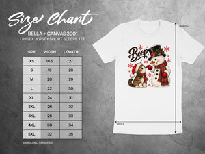 Size chart for BELLA + CANVAS 3001 unisex tee with cat and snowman graphic.
