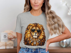 Graphic of a lion wearing sunglasses and a diamond necklace on a grey t-shirt.