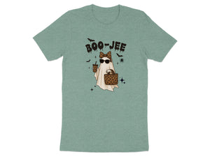 Ghost graphic with text "BOO-JEE", leopard print accessories, and Halloween bats.