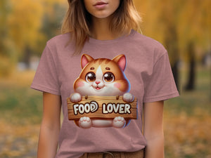 Cute cartoon cat holding a "Food Lover" sign on a pink t-shirt