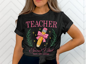 Black t-shirt with "TEACHER Social Club" text and a pencil graphic.