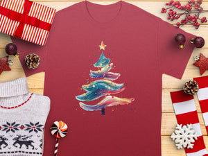 T-shirt with a watercolor Christmas tree design and festive accents.