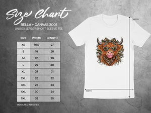Size chart for Bella + Canvas 3001 unisex jersey short sleeve tee.