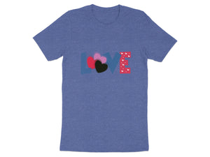 Blue t-shirt with the word "LOVE" in colorful, patterned letters and hearts.