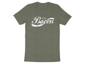 Green t-shirt with white "Enjoy Bacon" text and distressed graphic.