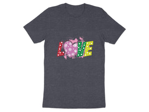 Dark gray t-shirt with "LOVE" text featuring a pink heart and polka dots.