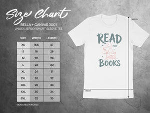 BELLA + CANVAS 3001 unisex t-shirt size chart with width and length measurements in inches.