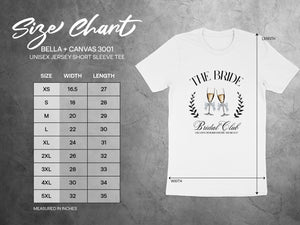 Bella + Canvas 3001 unisex tee size chart with width and length measurements in inches.