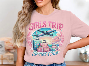 Girls Trip Social Club text with airplane, luggage, and beach scene.