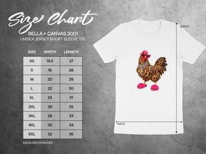 Bella + Canvas 3001 size chart for unisex short sleeve tee with measurements in inches.