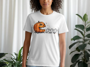 White t-shirt with a cartoon jack-o'-lantern and three ghosts graphic.