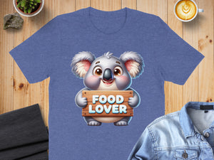 Cute cartoon koala holding a wooden sign that says "FOOD LOVER".