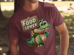 Cartoon alligator holding a wooden sign that reads "FOOD LOVER."