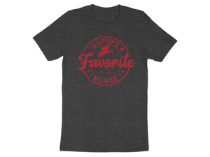 Dark gray t-shirt with red text saying "Cupid's Favorite Nurse".