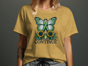 Yellow t-shirt with green butterfly, sunflowers, and the word CONTINUE.