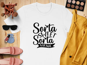 White t-shirt with "Sorta Sweet Sorta Savage" graphic, styled with blazer, shoes, and makeup.