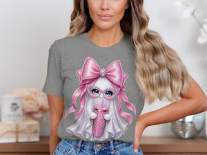 Gray t-shirt with sparkly ghost wearing pink bow and glasses holding a pink drink.