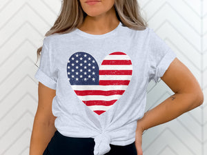 Light grey t-shirt with a distressed American flag heart graphic.