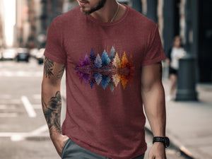 Maroon t-shirt with a colorful abstract forest reflection graphic.