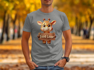 Grey t-shirt featuring a cartoon giraffe holding a sign that says "Food Lover".