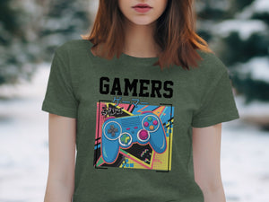Green t-shirt with "GAMERS" and a blue video game controller graphic.