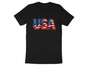 Black t-shirt with "USA" printed in an American flag design.