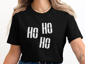 Black t-shirt with white "Ho Ho Ho" text in distressed block letters.