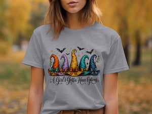 Gray t-shirt with five colorful witch hats and the text "A Girl's Gotta Have Options."