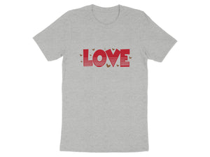Grey t-shirt with red "LOVE" text and small heart accents.
