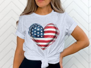 Light grey t-shirt with a heart-shaped American flag graphic.
