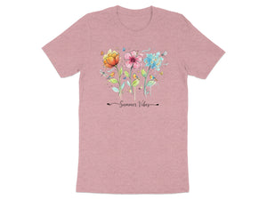 Pink t-shirt with watercolor floral design and "Summer Vibes" text.