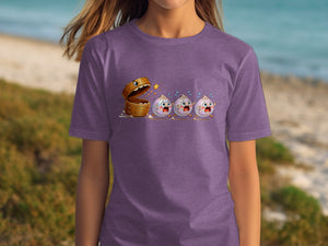 Cartoon dim sum fleeing from an open bamboo steamer basket on a purple t-shirt.