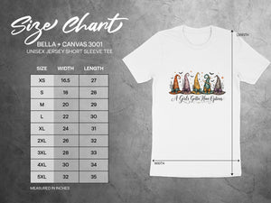 Size chart for Bella + Canvas 3001 unisex jersey short sleeve tee with width and length measurements.