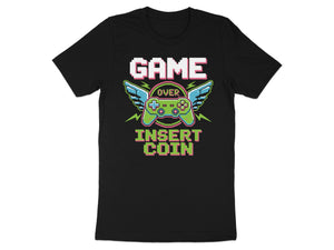 Black t-shirt with pixelated "GAME OVER INSERT COIN" text and a retro controller.