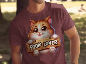 Cartoon cat holding a wooden sign that says "FOOD LOVER".