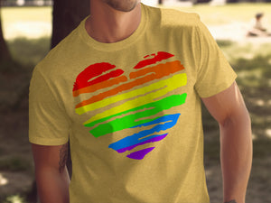Yellow t-shirt with a rainbow heart graphic on the front.
