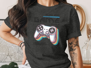 Dark grey t-shirt with "PLAY EPIC GAME MODE" text and a colorful controller graphic.