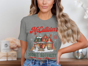 McCallister's Home Security since 1990 text with a festive house illustration.
