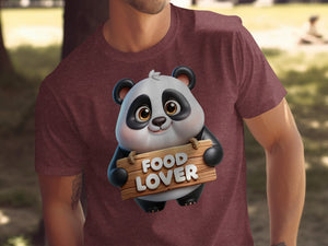 A cartoon panda holds a wooden sign that says "FOOD LOVER".