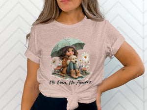 Illustration of girl and dog under umbrella with text "No Rain, No Flowers."